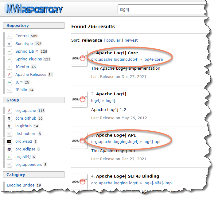 MVNRepository: search for log4j